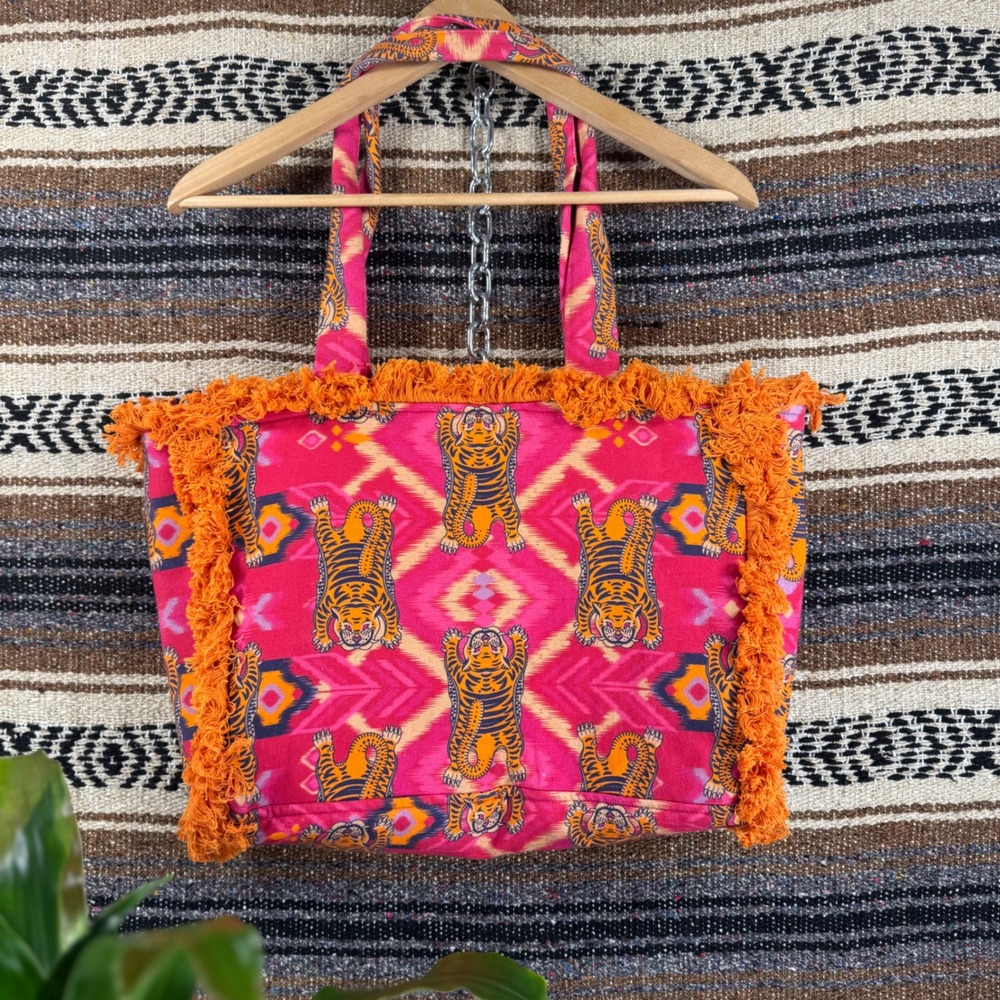 Powder Design Pink Tiger Print Fringe Cotton Tote Bag Zipper Closure Boho